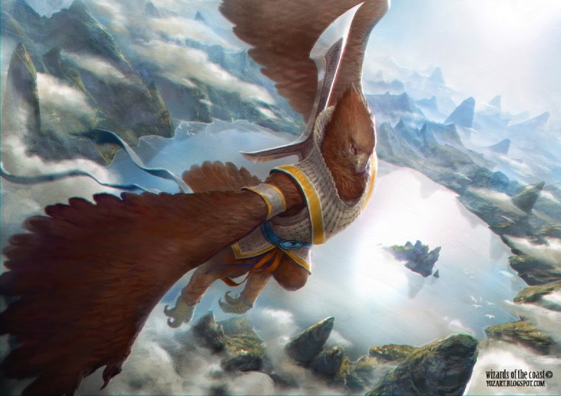 anthro clothing dutch_angle feathered_wings feathers feet flying high-angle_view jeskai lake landscape male mountain outside solo talons toes weapon winged_arms wings johann_bodin hasbro magic:_the_gathering wizards_of_the_coast aven avian bird official_art