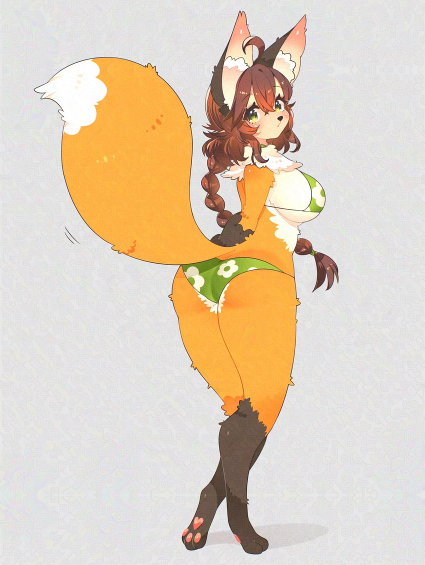 accessory anthro big_breasts big_ears bikini blush braided_hair breasts brown_hair butt clothing dipstick_tail eyebrows eyelashes female floral_pattern fur gloves_(marking) green_bikini green_clothing green_eyes green_swimwear hair hair_accessory inner_ear_fluff kemono leg_markings looking_at_viewer markings neck_tuft orange_body orange_fur pattern_bikini pattern_clothing pattern_swimwear socks_(marking) solo swimwear tail tail_markings thick_thighs tuft two-piece_swimsuit under_boob white_body white_fur toconikky canid canine fox mammal 2025 hi_res