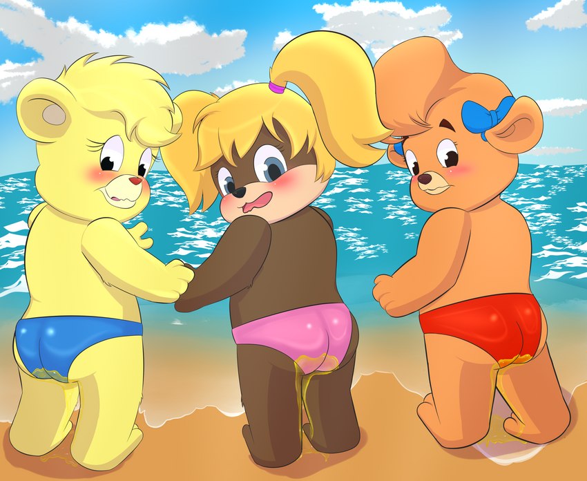 anthro beach bikini bikini_bottom bodily_fluids butt clothed clothing female genital_fluids group outside seaside swimwear topless trio two-piece_swimsuit urine watersports wetting young young_anthro yosa8800 banjo-kazooie disney gummi_bears rareware talespin molly_cunningham sunni_gummi tooty bear mammal absurd_res hi_res