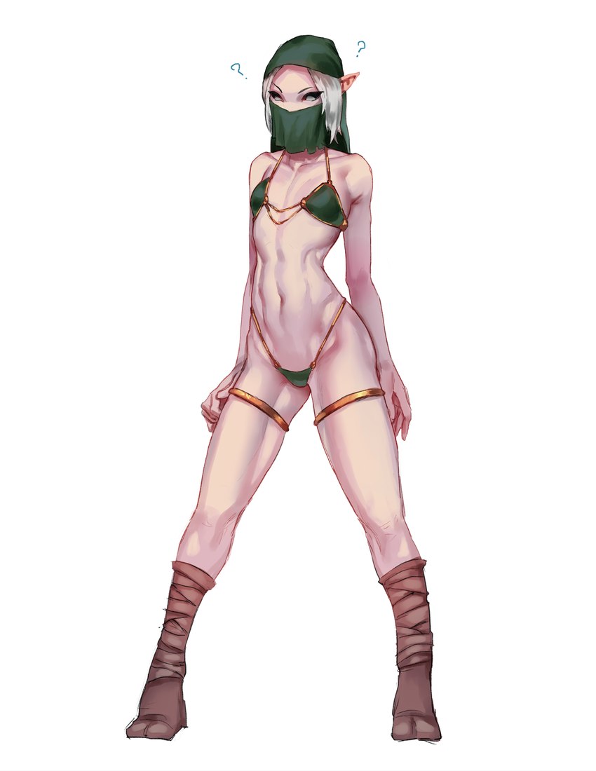 abs bikini black_sclera breasts butt clothed clothing confusion female footwear gold_(metal) hair hood humanoid_pointy_ears mask not_furry pale_skin pointy_ears skinny slim small_breasts solo swimwear two-piece_swimsuit white_hair otonaru_(artist) vermintide warhammer_(franchise) warhammer_fantasy kerillian elf humanoid mammal wood_elf 2018 hi_res