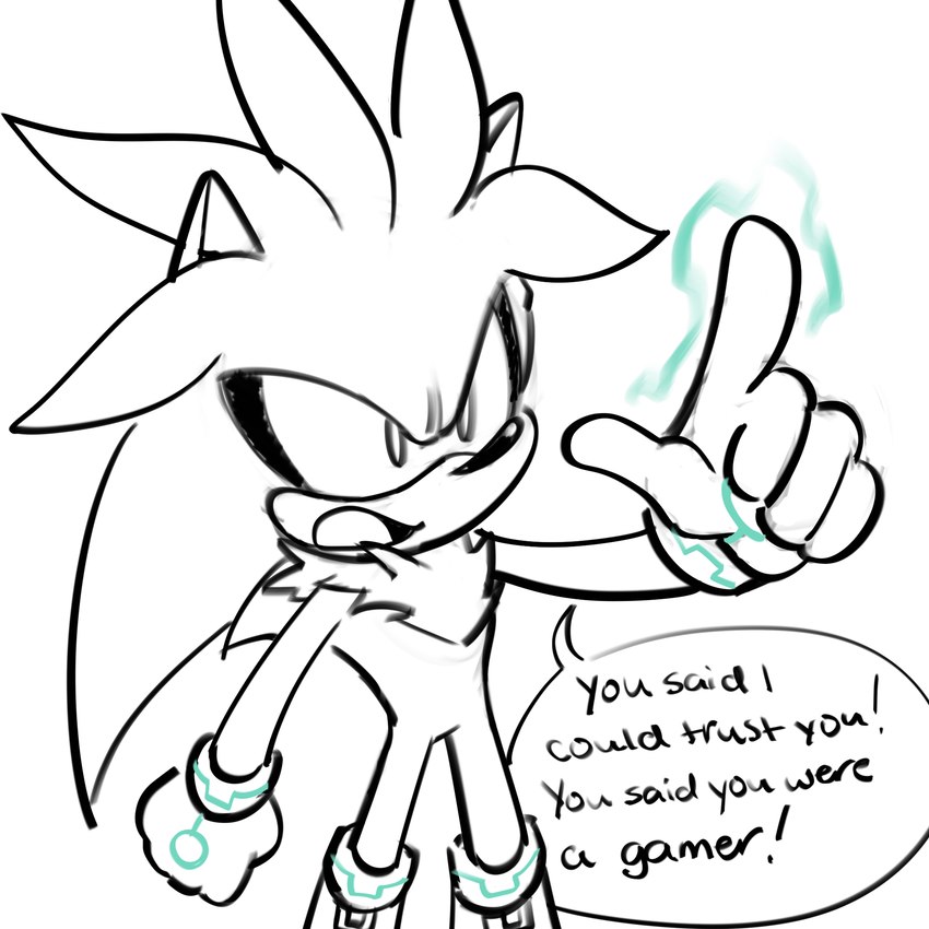 angry anthro chest_tuft clothing dialogue gesture gloves hand_gesture handwear male quills_(anatomy) raised_finger raised_index_finger solo text tuft white_clothing white_gloves white_handwear renae022 sega sonic_the_hedgehog_(series) silver_the_hedgehog eulipotyphlan hedgehog mammal 1:1 2024 comic english_text greyscale hi_res monochrome