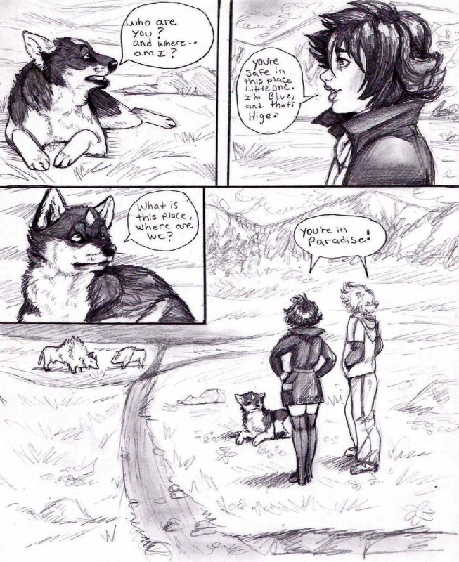 animal_genitalia barely_visible_genitalia barely_visible_sheath dialogue digitigrade female feral genitals male penis quadruped sheath text natsumewolf rikku wolf's_rain wolf's_rain_next_generation hige_(wolf's_rain) canid canine canis mammal wolf comic english_text greyscale monochrome