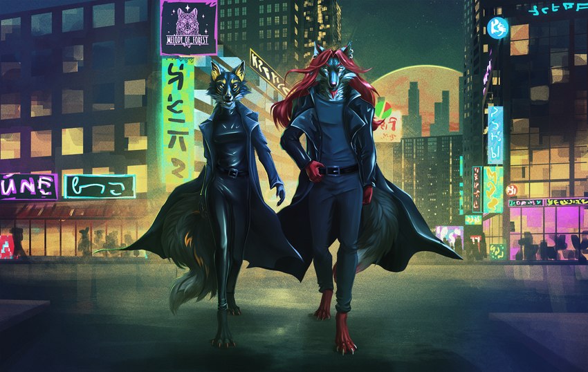 anthro city city_background cityscape claws clothing coat detailed_background facial_hair female finger_claws goatee hair latex male neon neon_lights red_hair toe_claws topwear trenchcoat melodyofforest canid canine fox mammal