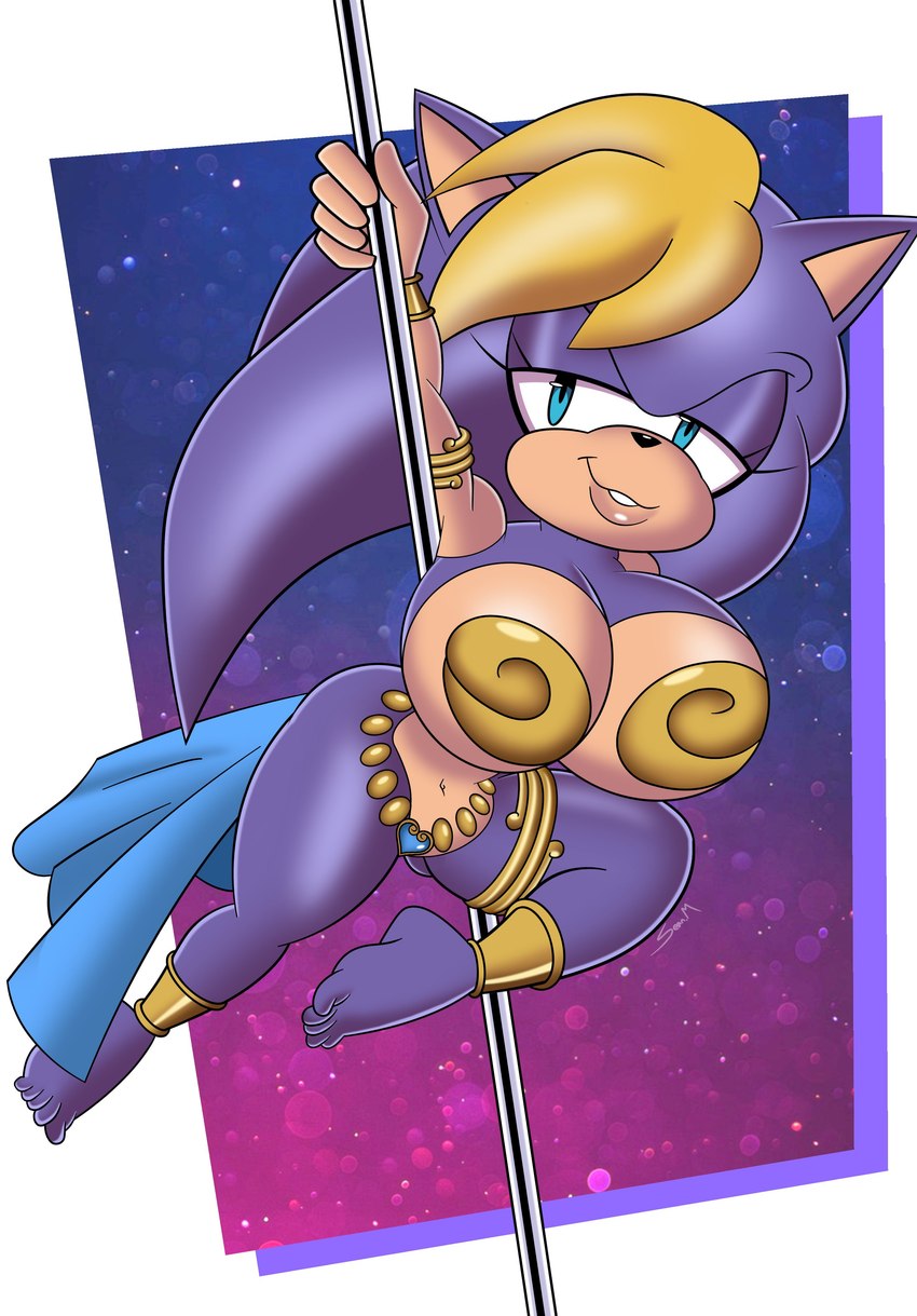 anthro armlet barefoot big_breasts blonde_hair blue_eyes breasts clothing costume dancing feet female fur hair harem_outfit huge_breasts lips mature_female navel pole pole_dancing purple_body purple_fur solo thick_lips wide_hips mobian_monster archie_comics sega sonic_the_hedgehog_(archie) sonic_the_hedgehog_(comics) sonic_the_hedgehog_(series) bernadette_hedgehog eulipotyphlan hedgehog mammal absurd_res hi_res