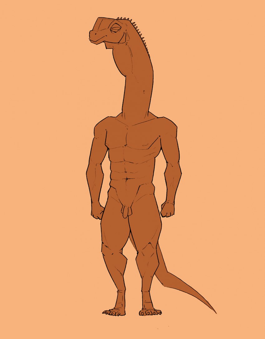 4_toes abs anthro balls biped brown_body casual_nudity feet flaccid genitals humanoid_genitalia humanoid_penis long_neck male muscular muscular_anthro muscular_male narrowed_eyes nude orange_background penis simple_background small_penis standing toes zagz dinosaur diplodocid prehistoric_species reptile sauropod sauropodomorph scalie 2024 digital_media_(artwork) full-length_portrait hi_res portrait