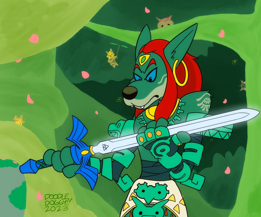 clothed clothing ear_piercing ear_ring forest fully_clothed fur green_body green_fur hair master_sword melee_weapon piercing plant red_hair ring_piercing sword toony tree weapon zonai_clothing doodledoggy nintendo tears_of_the_kingdom the_legend_of_zelda ancient_hero_(the_legend_of_zelda) ancient_heros_aspect_(totk) hybrid korok mammal unknown_species zonai 6:5 absurd_res clip_studio_paint_(artwork) digital_media_(artwork) hi_res huge_filesize