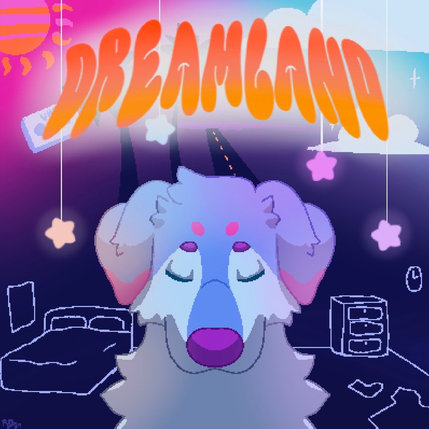 album album_redraw anthro bedroom blue_body blue_fur cloud detailed_background dream eyes_closed fur glowing glowing_eyes gradient_background inside looking_at_viewer looking_down male music neck_tuft pink_body pink_fur pink_nose simple_background solo star synthwave text tuft white_body white_fur rattdawg dreamland_(glass_animals_album) glass_animals driftwood_(rattdawg) canid canine canis domestic_dog great_pyrenees livestock_guardian_dog mammal molosser mountain_dog pastoral_dog album_cover cover hi_res shaded simple_shading