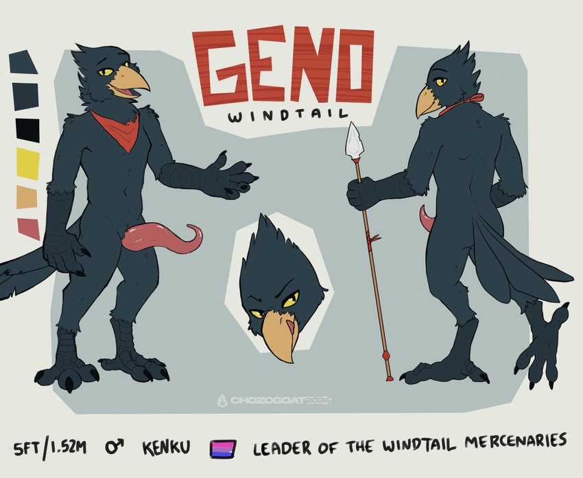 anthro avian_feet bedroom_eyes bisexual_pride_colors claws curved_penis digitigrade genitals kerchief kerchief_only lgbt_pride licking licking_lips looking_at_viewer male melee_weapon mostly_nude narrowed_eyes nude palette penis polearm prehensile_penis pride_colors pupils seductive slit_pupils solo spear tapering_penis text tongue tongue_out weapon wingless_avian yellow_eyes chozogoat dungeons_and_dragons hasbro wizards_of_the_coast geno_windtail avian kenku absurd_res hi_res model_sheet