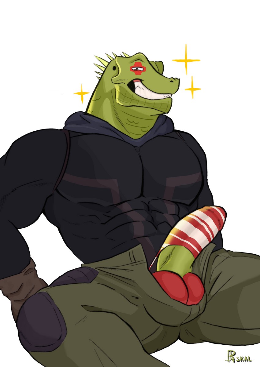 abs balls barely_contained big_balls big_penis clothed clothing cock_sock footwear genitals green_penis looking_at_viewer male muscular muscular_male pecs penis penis_clothing red_balls socks solo underwear raskalaskal dorohedoro kaiman_(dorohedoro) humanoid lizard reptile scalie absurd_res hi_res