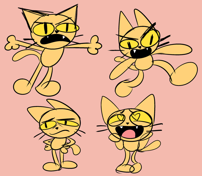 ambiguous_gender anthro arms_out crossed_legs fangs fur group hands_on_hips heart_symbol open_mouth pink_background simple_background teeth tired_eyes toony walking whiskers yellow_body yellow_eyes yellow_fur yungknight domestic_cat felid feline felis mammal hi_res