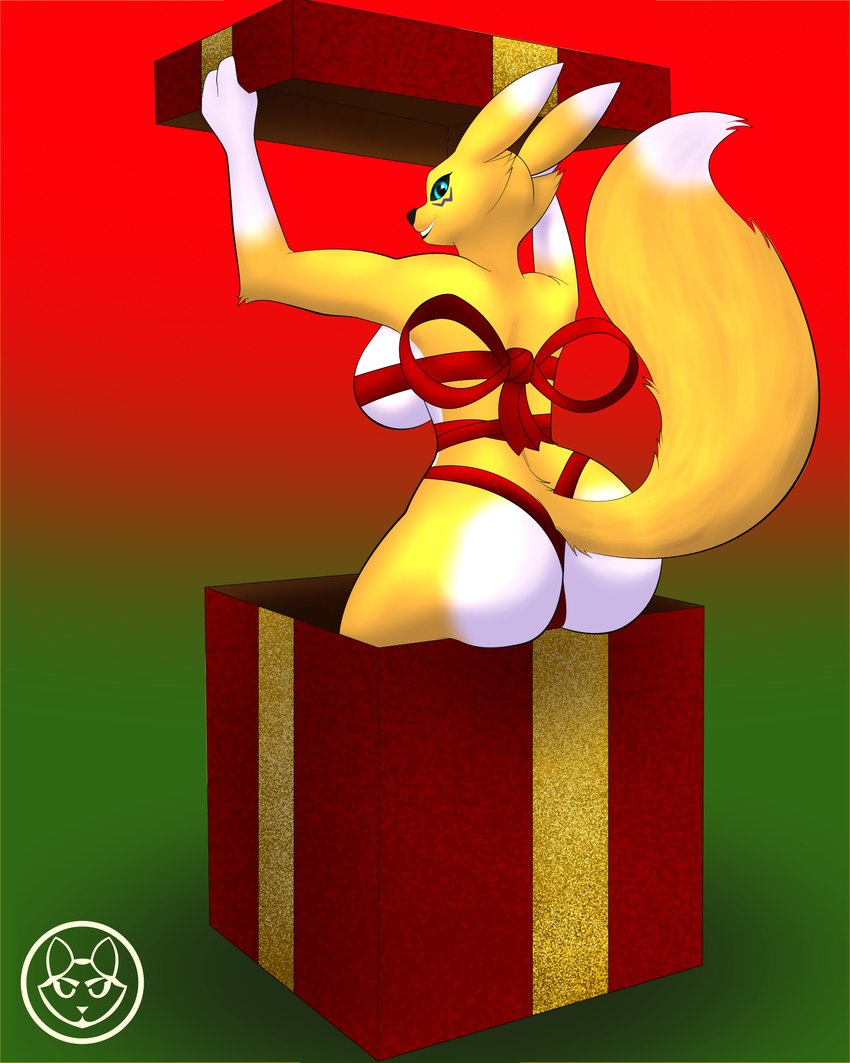 anthro blue_eyes bow_ribbon breasts butt christmas_gift female fur holidays looking_at_viewer multicolored_body multicolored_fur raised_tail ribbon_round_body side_boob simple_background smile smiling_at_viewer solo tail white_body white_fur yellow_body yellow_fur mike_santos bandai_namco christmas digimon canid canine digimon_(species) fox mammal renamon 4:5 hi_res