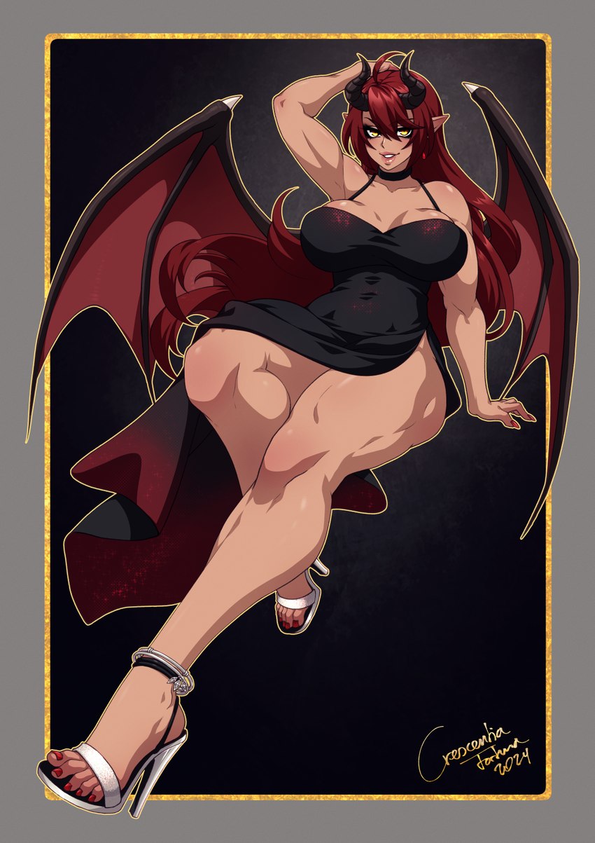 big_breasts breasts clothing colored_nails dress feet female footwear hair high_heels horn humanoid_feet humanoid_pointy_ears nails not_furry plantigrade pointy_ears red_hair shoes slit_dress solo wings yellow_eyes crescentia_fortuna demon humanoid 2024 hi_res