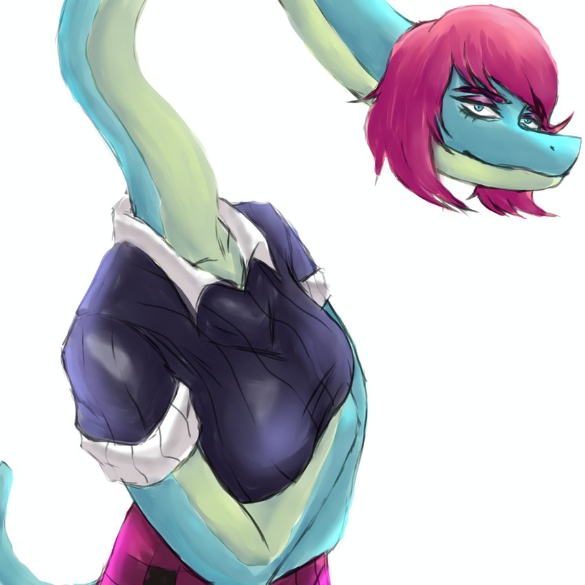 anthro blue_body blue_eyes blue_scales bottomwear breasts clothing crossed_arms eyelashes eyeshadow female green_body green_scales hair long_neck long_tail makeup multicolored_body multicolored_scales pink_eyeshadow pink_hair scales short_hair simple_background skirt smile snout solo tail two_tone_body two_tone_scales white_background dark_rya cavemanon_studios i_wani_hug_that_gator liz_farlane brachiosaurid brachiosaurus dinosaur prehistoric_species reptile sauropod sauropodomorph scalie 1:1 2023 absurd_res digital_drawing_(artwork) digital_media_(artwork) hi_res