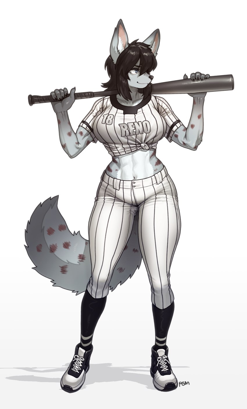 anthro baseball_bat baseball_uniform bat_(object) black_hair black_nose clothing female fur grey_body grey_fur hair knee_highs legwear midriff shirt solo sport sportswear spots tied_shirt topwear uniform white_body white_fur yoke_pose pgm300 aaliyah_(selftorturer) canid canine hybrid mammal 2024 absurd_res hi_res