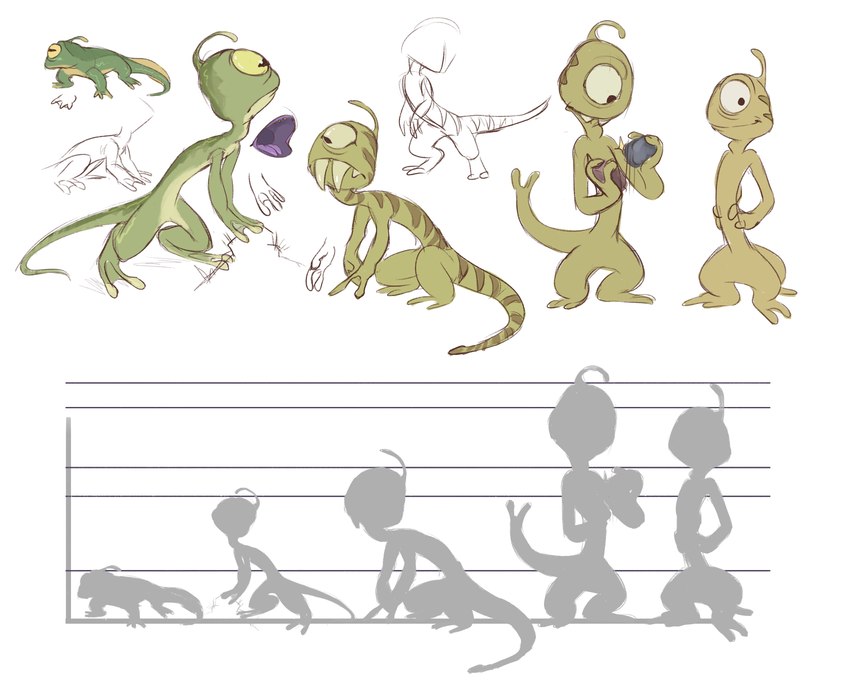 1_eye 2_toes 2_tongues 3_legs antennae_(anatomy) evolution fangs featureless_crotch feet green_body green_skin hands_on_hips holding_object holding_rock looking_at_viewer multi_tongue nude purple_mouth purple_tongue rock smile solo standing stripes teeth toes tongue creesa disney lilo_and_stitch wendy_pleakley alien plorgonarian 2022 absurd_res hi_res multiple_images