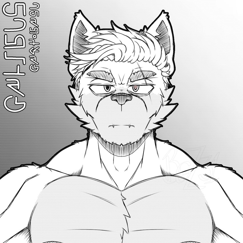 anthro eyebrows front_view galibus_(dragons_adventures) heterochromia kuro_(dragons_adventures) male muscular no_clothing scar shaded_background simple_background snout solo teeth_showing thick_eyebrows unreadable_writing not_bgz31 canid canine canis deity mammal wolf 1:1 hi_res monochrome