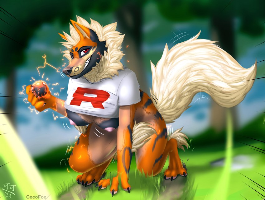 anthro arm_tuft big_breasts black_body black_fur blonde_hair breast_growth breasts claws clothing crouching elbow_tuft female fluffy fluffy_tail forest fur fur_growth gender_transformation grass grin growth hair human_to_anthro mane mid_transformation motion_lines mtf_transformation neck_tuft nipples orange_body orange_fur outside pale_skin pawpads paws pink_pawpads plant pokeball red_eyes shirt smile solo species_transformation t-shirt tail teeth topwear transformation tree tuft cocofox nintendo pokemon team_rocket arcanine canid generation_1_pokemon mammal pokemon_(species) hi_res