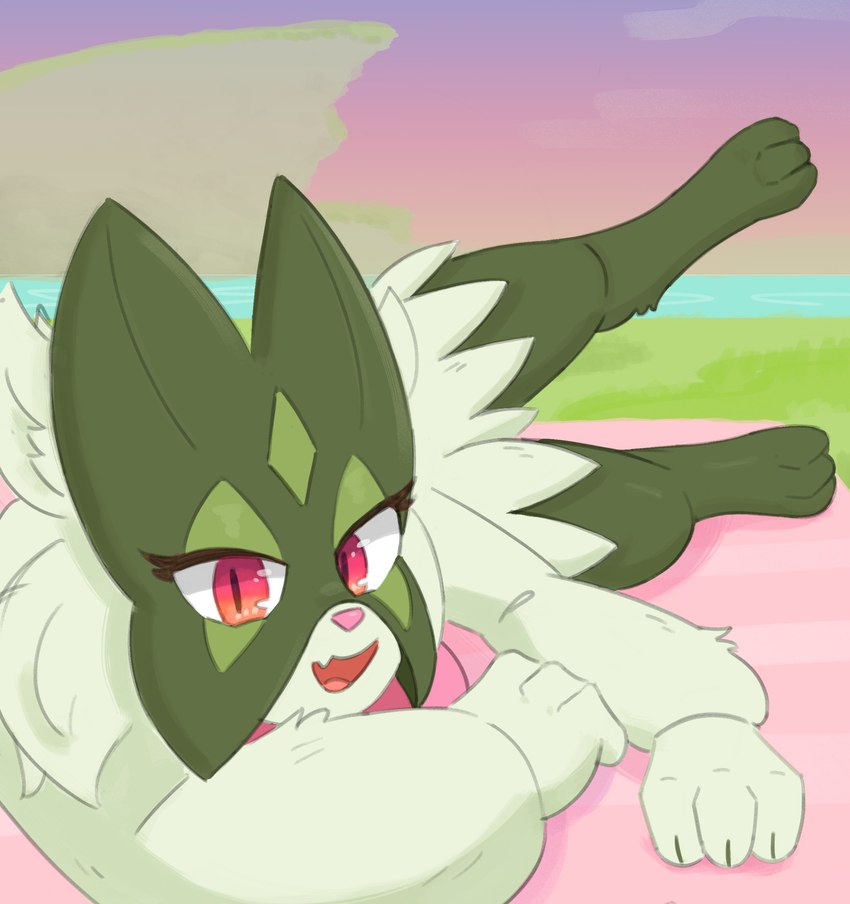 ambiguous_gender anthro claws eyelashes fangs fur green_body green_fur looking_at_viewer lying on_side open_mouth paws red_eyes solo teeth tongue se1t nintendo pokemon felid feline generation_9_pokemon mammal meowscarada pokemon_(species) 2025 absurd_res hi_res