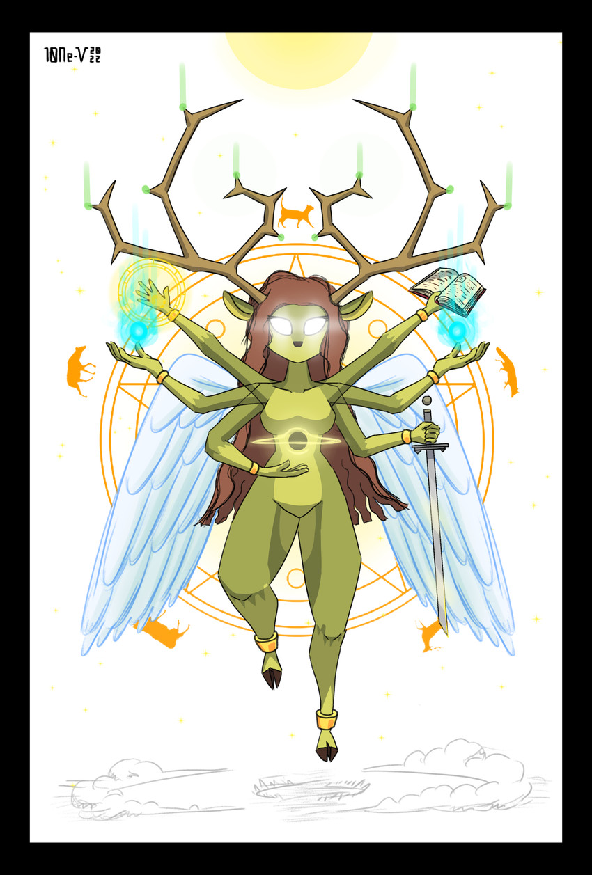 anthro antlers black_border black_hole book border brown_hair female fire fireball fur gold_(metal) gold_jewelry green_body green_fur hair holding_book holding_melee_weapon holding_object holding_sword holding_weapon horn jewelry levitation looking_at_viewer magic melee_weapon multi_arm multi_limb nude occult_symbol pentagram ritual solo sun sword symbol weapon white_eyes wings 10ne-v deer mammal absurd_res hi_res