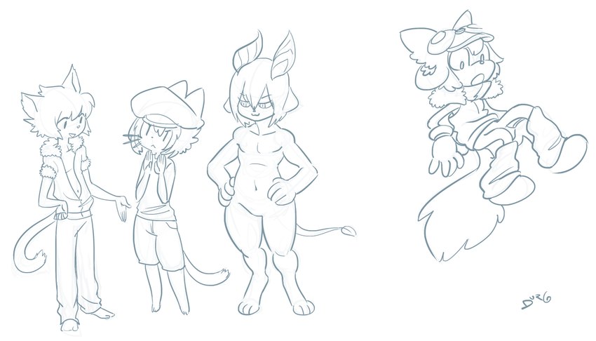 anthro group durg_(artist) duval kei reese domestic_cat felid feline felis mammal mephitid skunk absurd_res blue_and_white hi_res monochrome