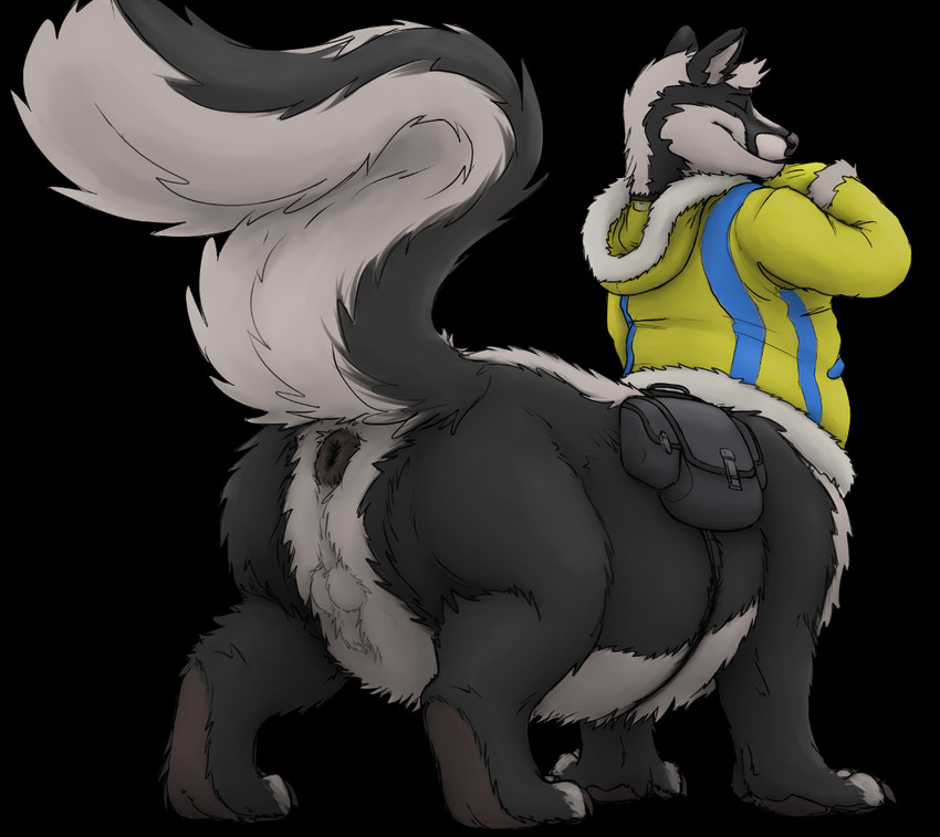 animal_genitalia anus back_tuft backpack balls barefoot belly belly_tuft big_anus big_butt big_tail black_anus black_backpack black_body black_claws black_fur black_nose bottomless bottomless_male butt butt_tuft cheek_tuft claws clothed clothing countershade_torso countershading crossed_arms digitigrade dipstick_toes eyes_closed facial_markings facial_tuft feet fluffy fluffy_tail fully_sheathed fur fur_markings fur_tuft genitals gloves grey_body grey_countershading grey_fur handwear head_markings head_tuft hoodie huge_butt leg_tuft male markings multicolored_body multicolored_fur paws perineum puffy_anus quadruped raised_tail rear_view sheath side_view simple_background slightly_chubby slightly_chubby_male slightly_chubby_taur smile solo standing sweater tail three-quarter_view toes topwear transparent_background tuft two_tone_body two_tone_fur white_body white_countershading white_fur white_markings yellow_clothing yellow_gloves yellow_handwear yellow_hoodie yellow_sweater yellow_topwear verkele space_station_13 gael_(verkele) mammal mammal_taur mephitid mephitid_taur skunk skunk_taur taur 2020 alpha_channel digital_drawing_(artwork) digital_media_(artwork) full-length_portrait portrait