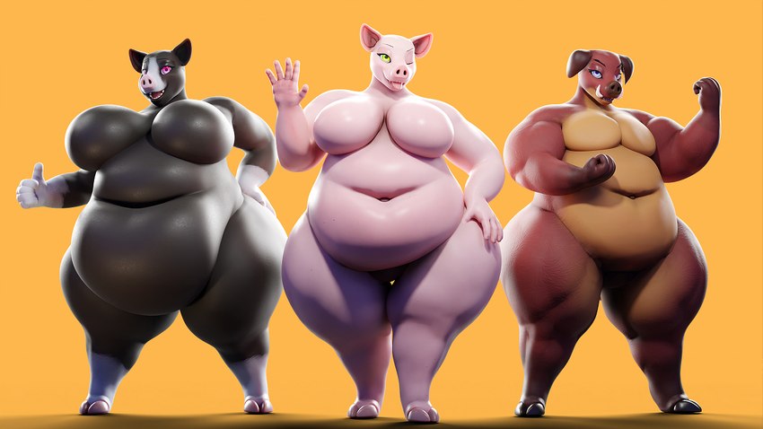 anthro big_breasts breasts ears_down facial_horn featureless_breasts female gesture group hand_gesture horn looking_at_viewer nose_horn obese overweight overweight_female pig_nose pivoted_ears snout thumbs_up trio waving waving_at_viewer wolke pudgy_pig_(wolke) domestic_pig mammal suid suina sus_(pig) 16:9 3d_(artwork) digital_media_(artwork) widescreen