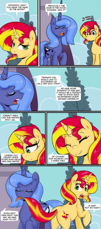 dialogue feathered_wings feathers female feral horn text wings loopend equestria_girls friendship_is_magic hasbro my_little_pony mythology princess_luna_(mlp) sunset_shimmer_(eg) equid equine mammal mythological_creature mythological_equine unicorn winged_unicorn 2014 comic english_text hi_res