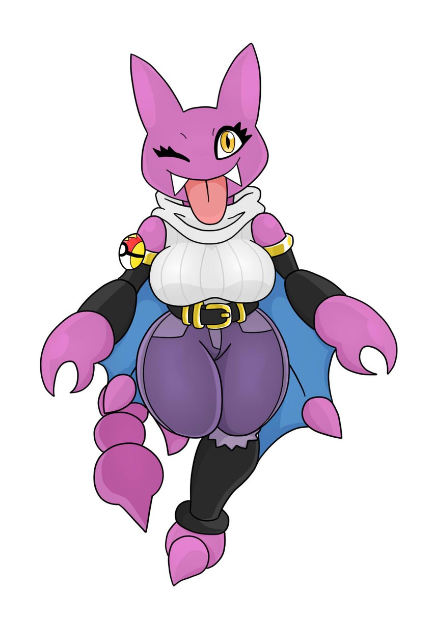 anthro armwear belt blinking bottomwear claws clothing fangs female legwear pants pokeball purple_body scarf shirt simple_background solo stinger tail teeth tongue tongue_out topwear white_background wings yellow_eyes urusee584 nintendo pokemon generation_2_pokemon gligar pokemon_(species) hi_res