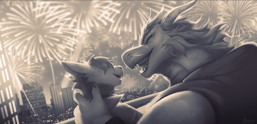 anthro city cityscape detailed_background duo fireworks hair holidays light male open_mouth open_smile size_difference smile munie lunar_new_year mythology new_year dragon eastern_dragon mythological_creature mythological_scalie scalie 2024 digital_media_(artwork) digital_painting_(artwork) hi_res lighting shaded