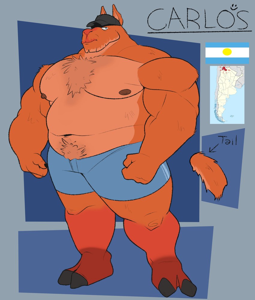 anthro argentine_flag beard belly blue_eyes body_hair bottomwear chest_hair clothing ears_up facial_hair fur hat headgear headwear hooves looking_at_viewer male multicolored_body multicolored_fur musclegut muscular muscular_anthro muscular_male navel orange_body orange_fur pecs pubes shorts solo tail thick_thighs two_tone_body two_tone_fur cronolm carlos_(cronolm) camelid llama mammal absurd_res hi_res model_sheet