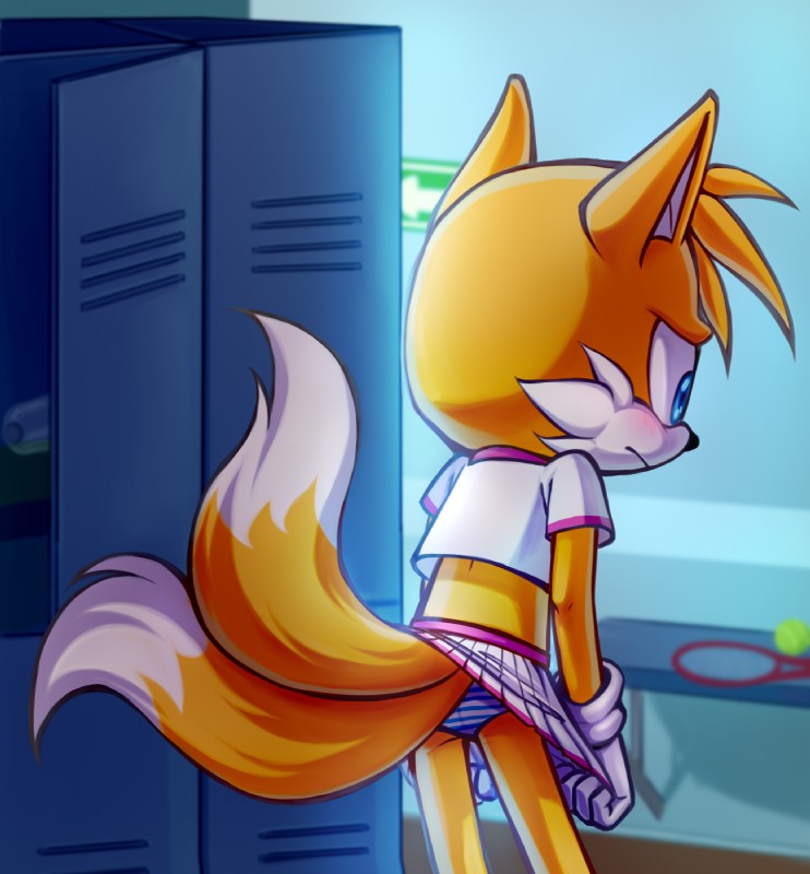 2_tails anthro ball blush bottomwear clothed clothing crossdressing male multi_tail panties skirt solo sport sportswear tail tail_under_skirt tennis tennis_ball tennis_racket underwear upskirt topazice sega sonic_the_hedgehog_(series) miles_prower canid canine fox mammal hi_res