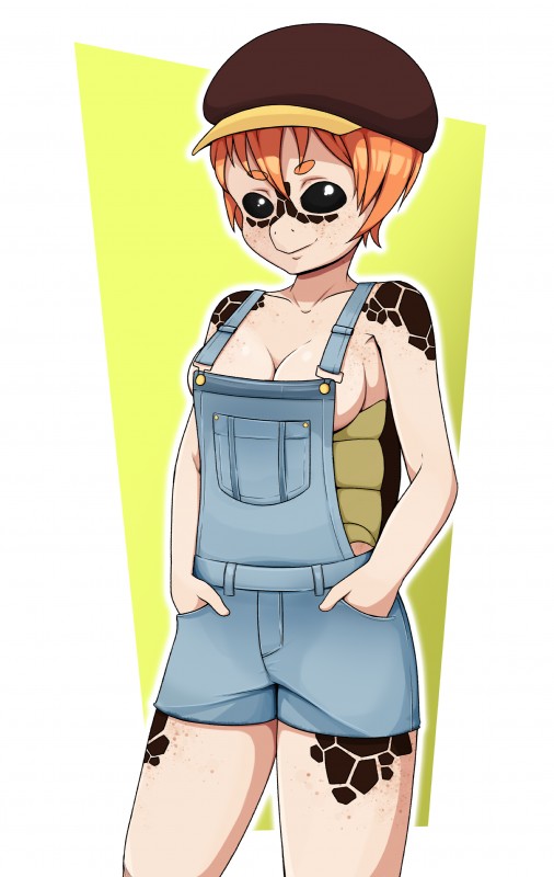 black_eyes breasts cleavage clothed clothing female freckles hair hat headgear headwear orange_hair overalls shell simple_background solo juliantheturtle piper_(juliantheturtle) animal_humanoid humanoid reptile reptile_humanoid scalie scalie_humanoid turtle turtle_humanoid absurd_res hi_res