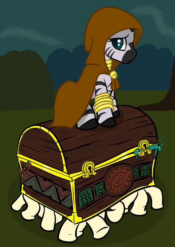 cloak clothing duo female feral looking_at_viewer luggage outside sad sitting stripes toony lowkey discworld friendship_is_magic hasbro my_little_pony the_luggage zecora_(mlp) equid equine mammal sapient_pearwood zebra crossover hi_res