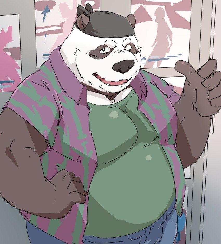 anthro black_body black_fur black_nose bottomwear clothing fur humanoid_hands kemono male overweight overweight_anthro overweight_male pants shirt solo topwear white_body white_fur train_(artist) bear giant_panda mammal 2021 hi_res