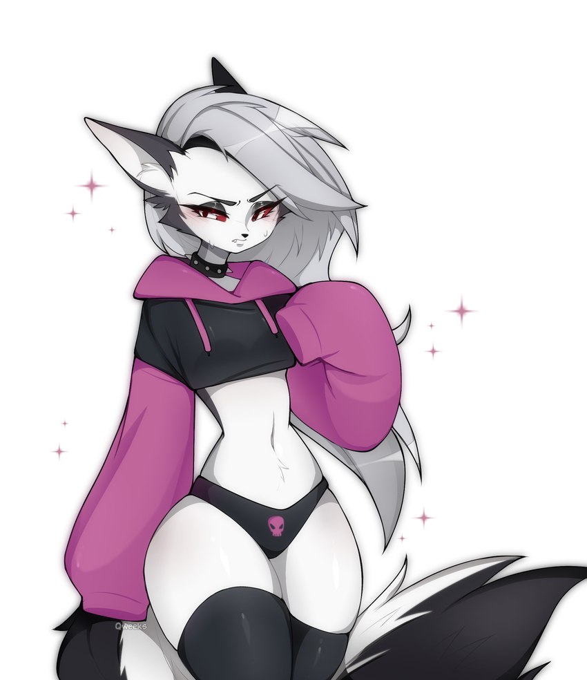 anthro black_clothing black_hoodie black_legwear black_panties black_thigh_highs black_topwear black_underwear blush bodily_fluids clothed clothing collar costume cropped_hoodie fangs female fur grey_hair hair hoodie legwear long_hair navel panties pink_clothing pink_hoodie pink_topwear red_sclera simple_background skull_symbol solo sparkles spiked_collar spikes standing sweat sweatdrop tail teeth thigh_highs topwear underwear white_background white_body white_eyes white_fur qweeks helluva_boss meme_clothing mythology paggi_outfit loona_(helluva_boss) canid canid_demon canine demon hellhound mammal mythological_canine mythological_creature 2024 hi_res meme