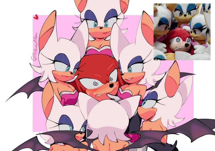 anthro blush breasts cleavage clothed clothing eye_contact eyeshadow female fur gloves group handwear heart_symbol kiss_mark lipstick looking_at_another makeup male male/female photo red_body white_body white_fur wings historiaallen sega sonic_surrounded_by_amy_plush_dolls sonic_the_hedgehog_(series) knuckles_the_echidna rouge_the_bat bat echidna mammal monotreme meme signature