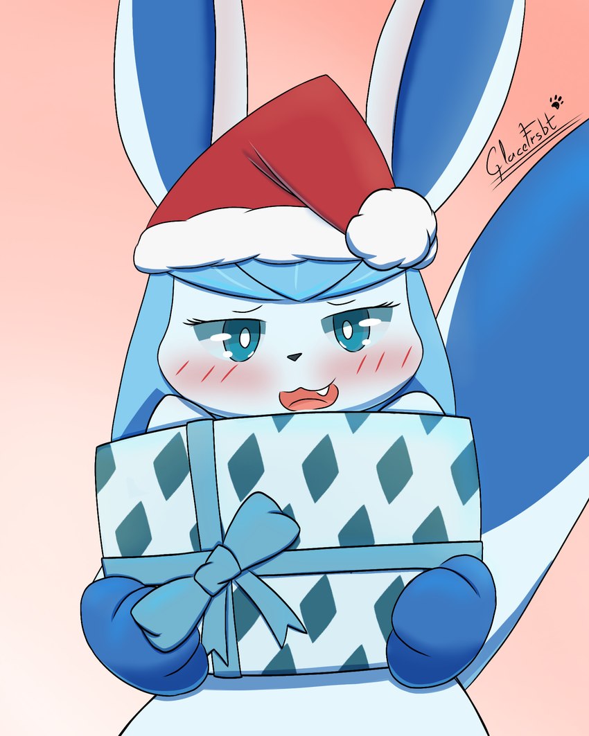 anthro blush blush_lines box christmas_clothing christmas_headwear clothed clothing container cute_fangs fangs female gift gift_bow gift_box hat headgear headwear holidays open_mouth paws ribbons santa_hat simple_background solo tail teeth glacefrostbite christmas nintendo pokemon eeveelution generation_4_pokemon glaceon mammal pokemon_(species) hi_res