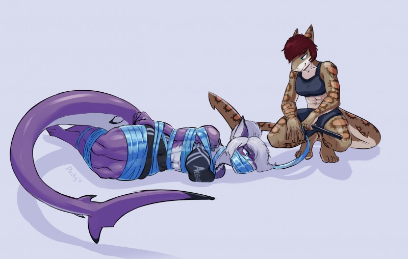 anthro arms_tied bdsm biped blue_eyes blush bondage bound breasts clothed clothing duo female legs_tied ribbon_bondage ribbons simple_background spots peskybatfish salvia_carhina sam_(reinafennec) fish marine shark 2019 hi_res