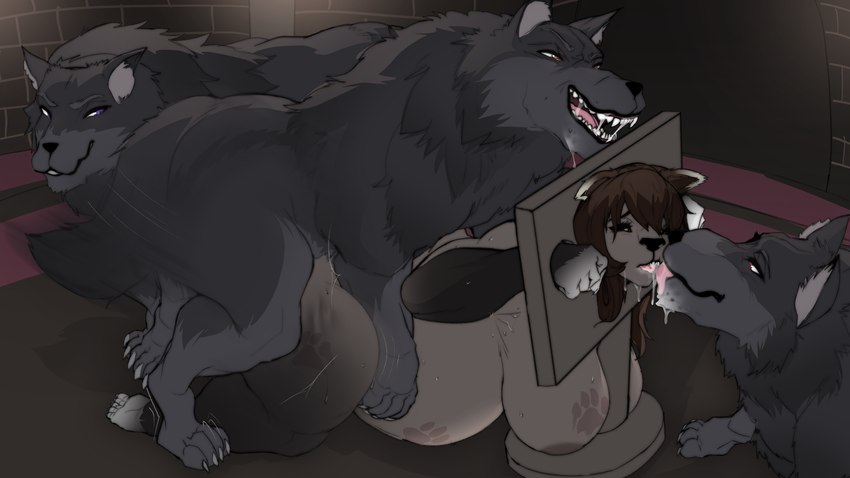 anthro anthro_on_feral anthro_penetrated belly bestiality bestiality_kiss big_belly big_breasts black_body black_eyes black_fur black_nose bodily_fluids breasts brick brick_wall brown_eyes brown_hair doggystyle drooling female feral feral_penetrating feral_penetrating_anthro fluffy fluffy_tail footprint from_behind_position fur grey_body grey_fur group hair inside kneeling male male/female motion_blur motion_lines multicolored_body multicolored_fur open_mouth pawprint pawprint_tattoo penetration pointy_ears pregnant pregnant_anthro pregnant_female pregnant_sex prick_ears questionable_consent restraints saliva saliva_on_tongue saliva_string sex stocks tail tattoo thick_thighs tongue tongue_out trapped wall_(structure) mrferaldd miasma_velenosa_(miasmium) canid canine canis felid feline mammal wolf 16:9 digital_drawing_(artwork) digital_media_(artwork) hi_res widescreen trans_(lore)