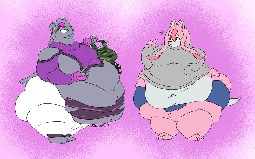 anthro barefoot belly big_belly big_breasts bottomwear breasts clothed clothing cosplay dreadlocks duo ear_piercing ear_ring eyewear feet female fur gesture green_eyes grey_body grey_fur hair hand_gesture hoodie morbidly_obese morbidly_obese_anthro morbidly_obese_female obese obese_anthro obese_female open_mouth overweight overweight_anthro overweight_female piercing pink_body pink_fur pointing pointing_at_self red_eyes ring_piercing shorts simple_background sunglasses surprise surprised_expression thick_thighs topwear white_body white_fur wide_hips paceplusle brand_new_animal capcom rival_schools street_fighter studio_trigger akira_kazama juri_han marie_itami nazuna_hiwatashi canid canine fox mammal mink mustelid musteline true_musteline crossover digital_media_(artwork) hi_res