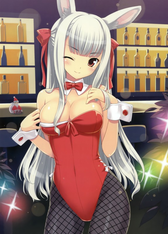 accessory bar big_breasts blush bottle bow_(feature) bow_accessory bow_ribbon bow_tie breasts bunny_costume cleavage clothed clothing container costume cuff_(restraint) doll female fishnet_clothing hair hair_accessory hair_bow hair_ribbon lingerie long_hair looking_at_viewer one_eye_closed red_eyes restraints ribbons shirt_cuffs silver_hair smile solo teddy_(clothing) wink wrist_cuffs amano_yuu animal_humanoid humanoid lagomorph lagomorph_humanoid leporid_humanoid mammal mammal_humanoid rabbit_humanoid absurd_res hi_res