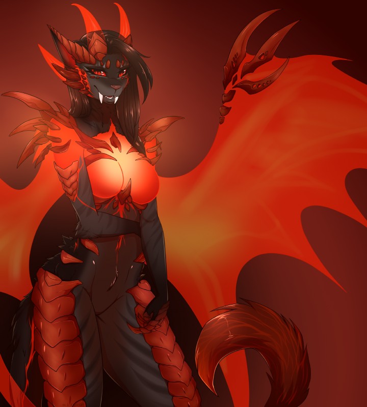 anthro breasts fangs featureless_breasts female horn long_fangs long_neck long_torso looking_at_viewer membrane_(anatomy) membranous_wings nude open_mouth pupils red_eyes red_sclera scales slit_pupils smile solo standing tail tail_tuft teeth thick_thighs tuft wide_hips wings miiyori mythology thallia_(blackmist333) dragon felid hybrid mammal mythological_creature mythological_scalie scalie hi_res