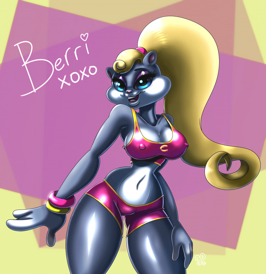 anthro big_breasts blonde_hair blue_eyes breasts cleavage clothed clothing female fur grey_body grey_fur hair hand_on_leg looking_at_viewer narrowed_eyes nipple_outline open_mouth smile solo standing teeth text thick_thighs tongue wide_hips xoxo blindedna conker's_bad_fur_day rareware berri chipmunk ground_squirrel mammal rodent sciurid english_text hi_res