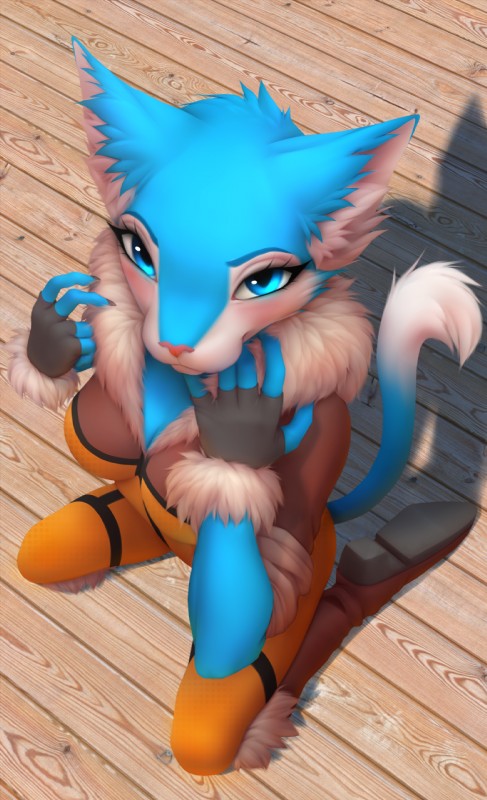 anthro biped blue_body blue_eyes blue_fur blush boots breasts cleavage clothed clothing eyelashes female fingerless_gloves footwear fur fur_trim_(clothing) gloves handwear high-angle_view jumpsuit kneeling looking_at_viewer looking_up multicolored_body multicolored_fur shoes skinsuit solo tight_clothing two_tone_body two_tone_fur white_body white_fur celeste_(artist) syria_(tid) domestic_cat felid feline felis mammal 2016 hi_res