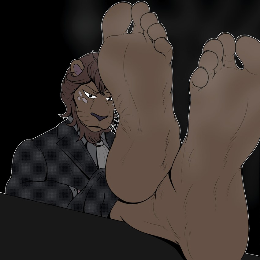 5_toes anthro barefoot clothing feet foot_focus humanoid_feet looking_at_viewer male musk musky_feet plantigrade soles solo suit toes ryanmakana beastars agata_(beastars) felid lion mammal pantherine 1:1 absurd_res hi_res