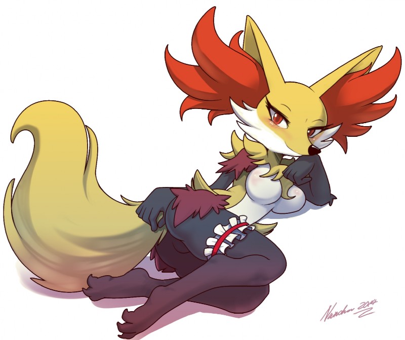 accessory anthro big_breasts blush breasts butt featureless_breasts featureless_crotch feet female fluffy fluffy_tail garter inner_ear_fluff leg_garter looking_at_viewer smile solo tail tuft nancher nintendo pokemon canid canine delphox generation_6_pokemon mammal pokemon_(species) 2014 hi_res