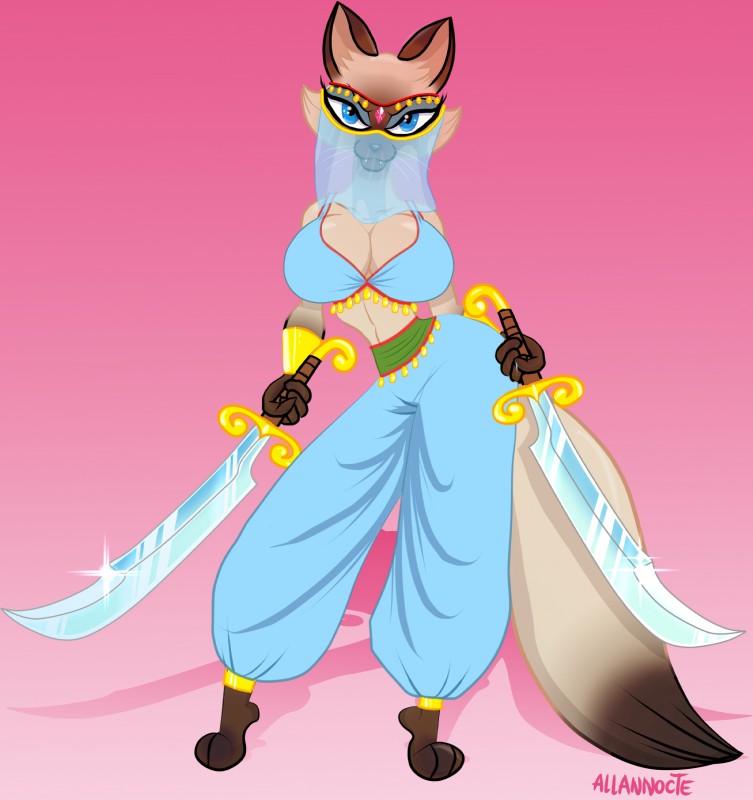 3_toes 4_fingers :3 anthro armor barefoot belly_dancer big_breasts biped black_nose blue_eyes bracers breasts brown_body brown_fur cleavage clothed clothing dipstick_tail dual_wielding eyebrows eyelashes eyeshadow feet female fingers fluffy fluffy_tail fur gradient_background harem_outfit holding_melee_weapon holding_object holding_sword holding_weapon huge_breasts looking_at_viewer makeup markings melee_weapon midriff multicolored_body multicolored_fur multicolored_tail paws pink_background pose scimitar simple_background skimpy small_waist solo standing sword tail tail_markings tan_body tan_fur teeth tight_clothing toes toony two_tone_body two_tone_fur two_tone_tail veil weapon whiskers wide_hips allannocte sly_cooper_(series) sony_corporation sony_interactive_entertainment sucker_punch_productions siamese_cat_guard domestic_cat felid feline felis mammal siamese 2016 absurd_res full-length_portrait hi_res portrait signature