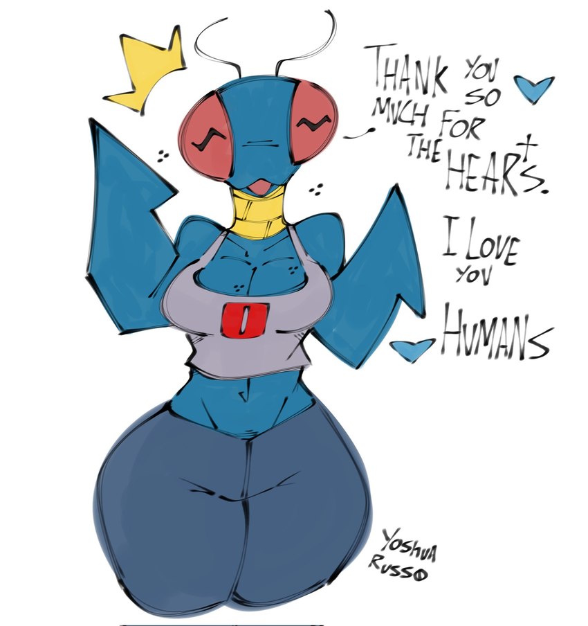 antennae_(anatomy) anthro big_breasts big_eyes biped black_text blep blue_body blue_bottomwear blue_clothing blue_heart blue_pants bottomwear breasts cleavage cleavage_overflow clothed clothed_anthro clothed_female clothing compound_eyes crop_top dialogue emanata female female_anthro front_view fully_clothed fully_clothed_anthro fully_clothed_female grey_clothing grey_crop_top grey_shirt grey_topwear heart_symbol jewelry legs_together looking_at_viewer midriff neck_ring pants print_clothing print_crop_top print_shirt print_topwear pupils red_eyes red_tongue shirt simple_background smile smiling_at_viewer solo species_in_dialogue standing talking_to_viewer text thick_thighs tongue tongue_out topwear unusual_pupils white_background wide_hips yellow_emanata yoshua_russo image_comics invincible_(image_comics) andressa arthropod insect thraxan 2023 artist_name digital_drawing_(artwork) digital_media_(artwork) english_text hi_res