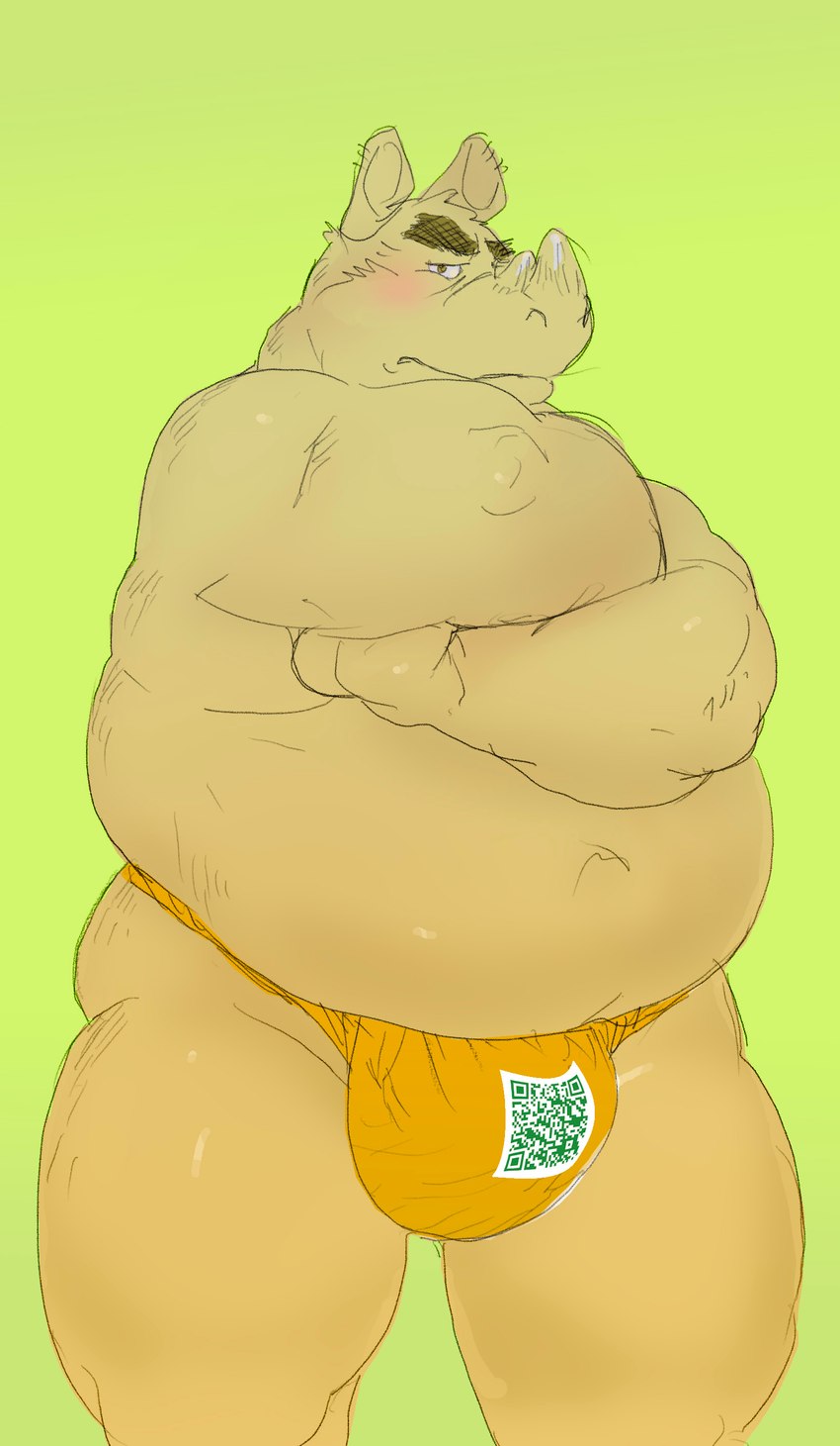 anthro asian_clothing belly big_belly blush bulge clothing east_asian_clothing fundoshi green_background horn japanese_clothing kemono male navel overweight overweight_male simple_background solo underwear daich mammal rhinoceros 2022 absurd_res hi_res