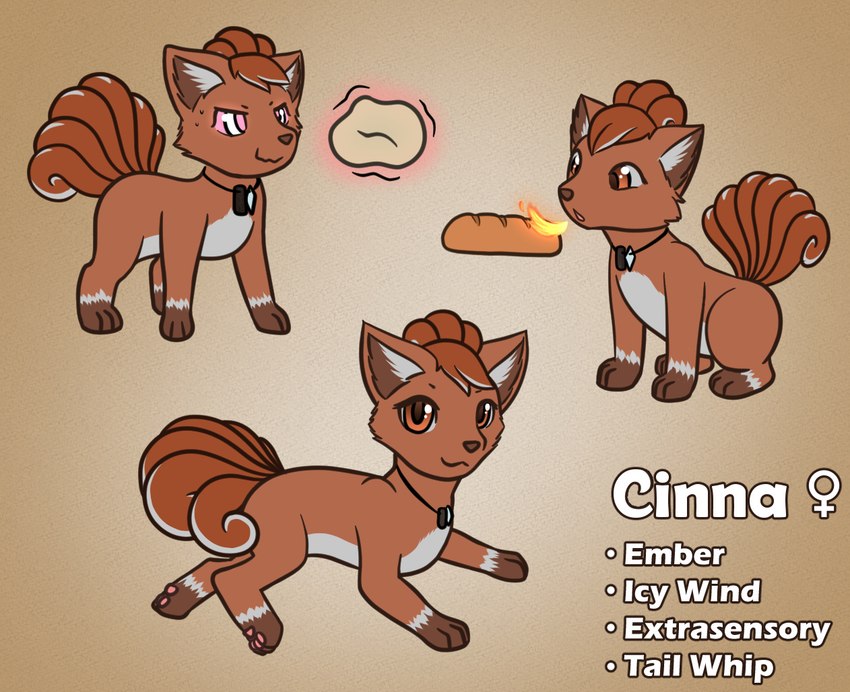 bread brown_eyes female feral fire food fur fur_markings jewelry levitating_object looking_at_viewer markings necklace orange_body orange_fur solo telekinesis linkscape nintendo pokemon cinna_(linkscape) fan_character generation_1_pokemon pokemon_(species) vulpix model_sheet sketch_page